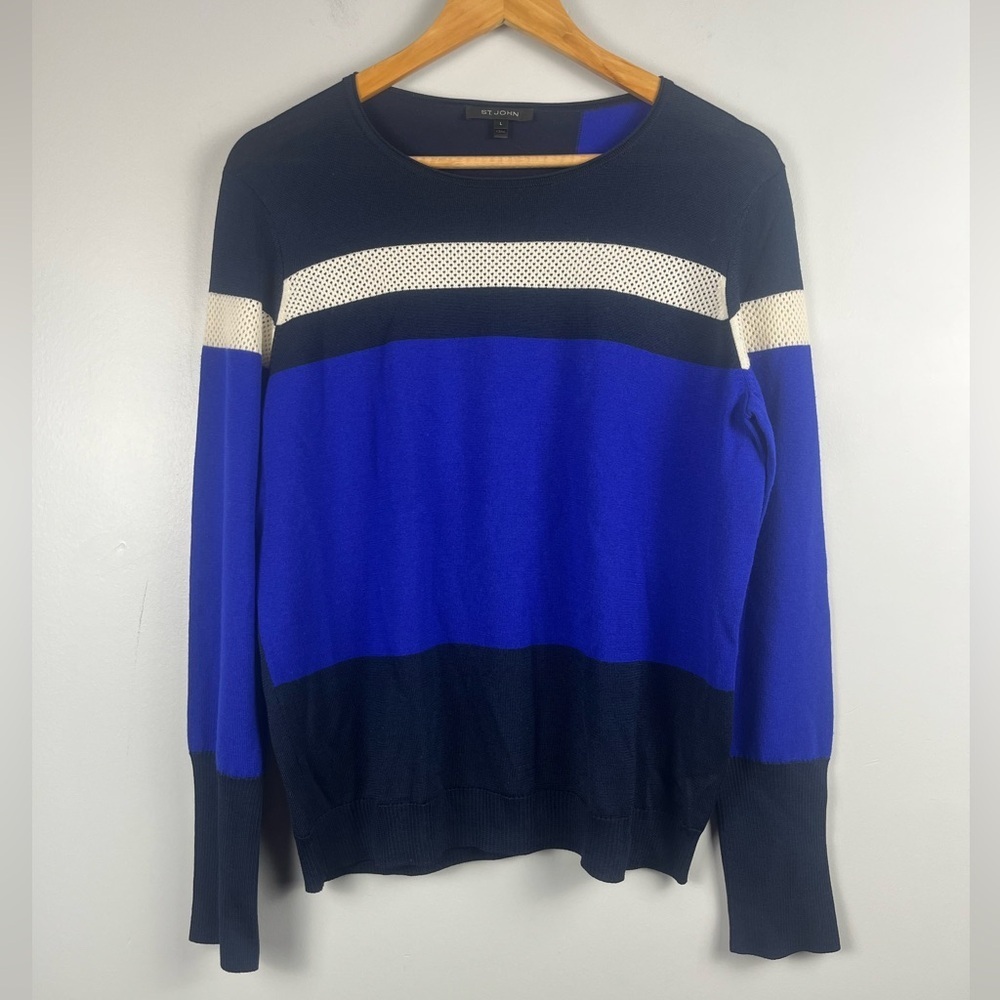 St. John blue cream stripe mesh knit wool blend sweater size large